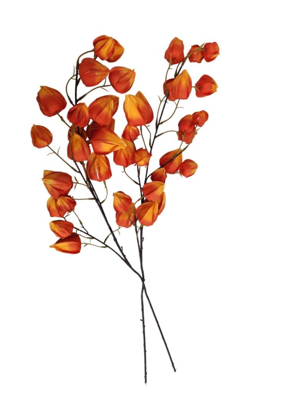 Artificial Orange Chinese Lantern Flower Stems Set of 2 Tall Faux Autumn Branche